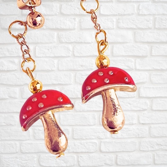 Gold and Red Mushroom Earrings - Picture 2 of 2